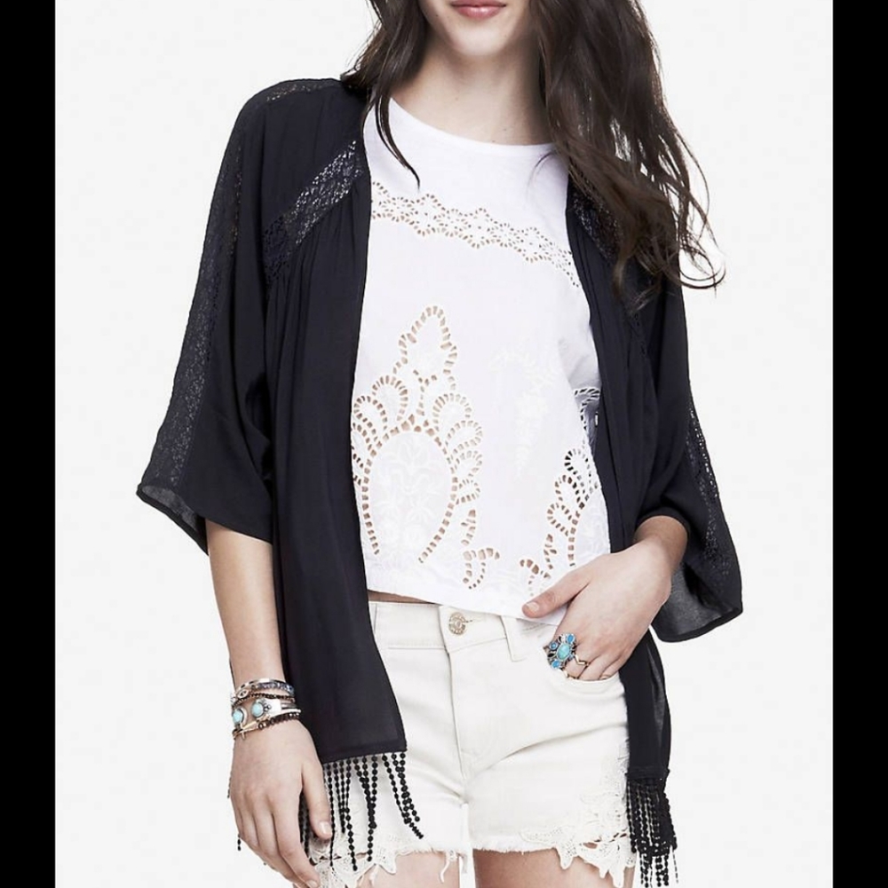 Express Black Fringe Kimono